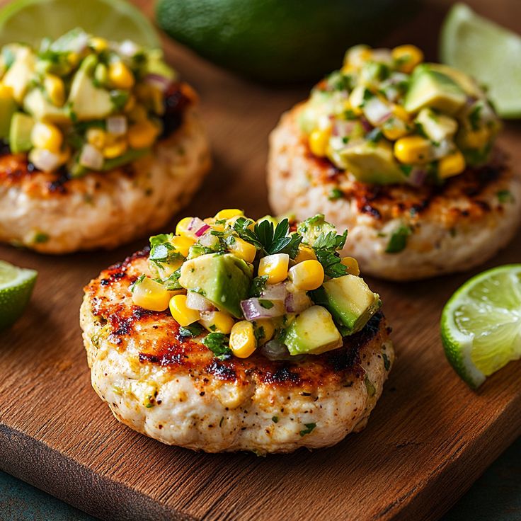 chicken burgers with avocado corn salsa 
