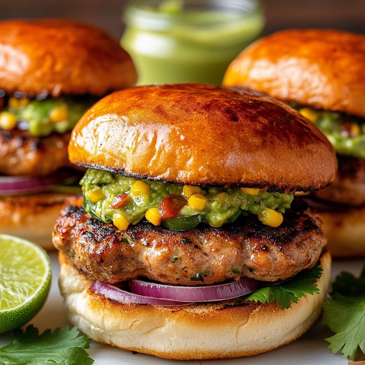 chicken burgers with avocado corn salsa 