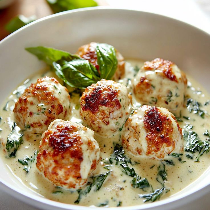 baked chicken ricotta meatballs with spinach alfredo sauce