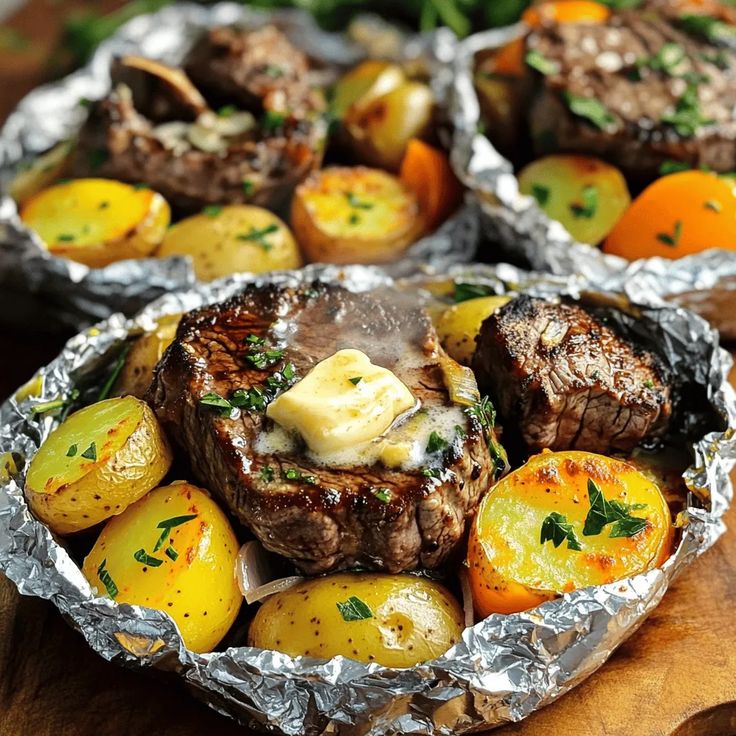 garlic steak and potato foil packs 