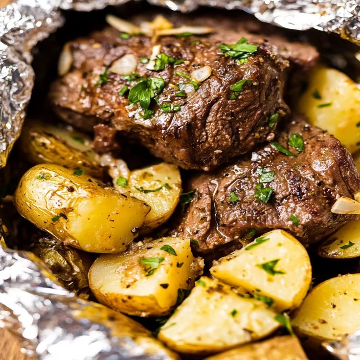 garlic steak and potato foil packs