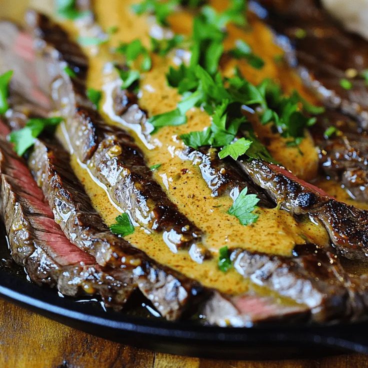 cast iron bavette steak with whiskey garlic cream sauce