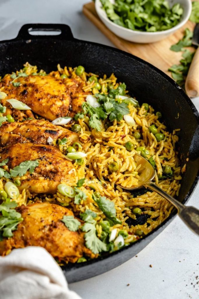 one pan tandoori chicken with spiced coconut rice 